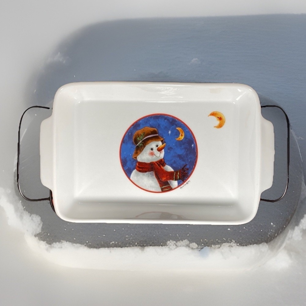 Vintage Elaine Thompson Snowman Casserole Baking Dish w/Base/Rack, Christmas